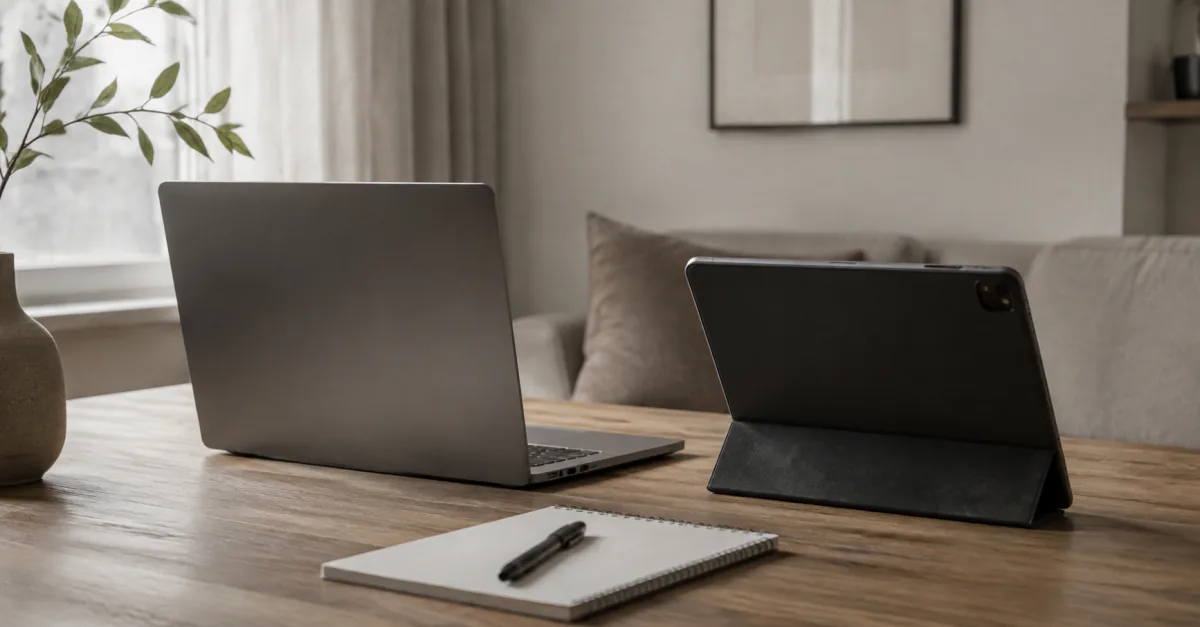 Laptop and tablet beside a notepad for comparing connection observations