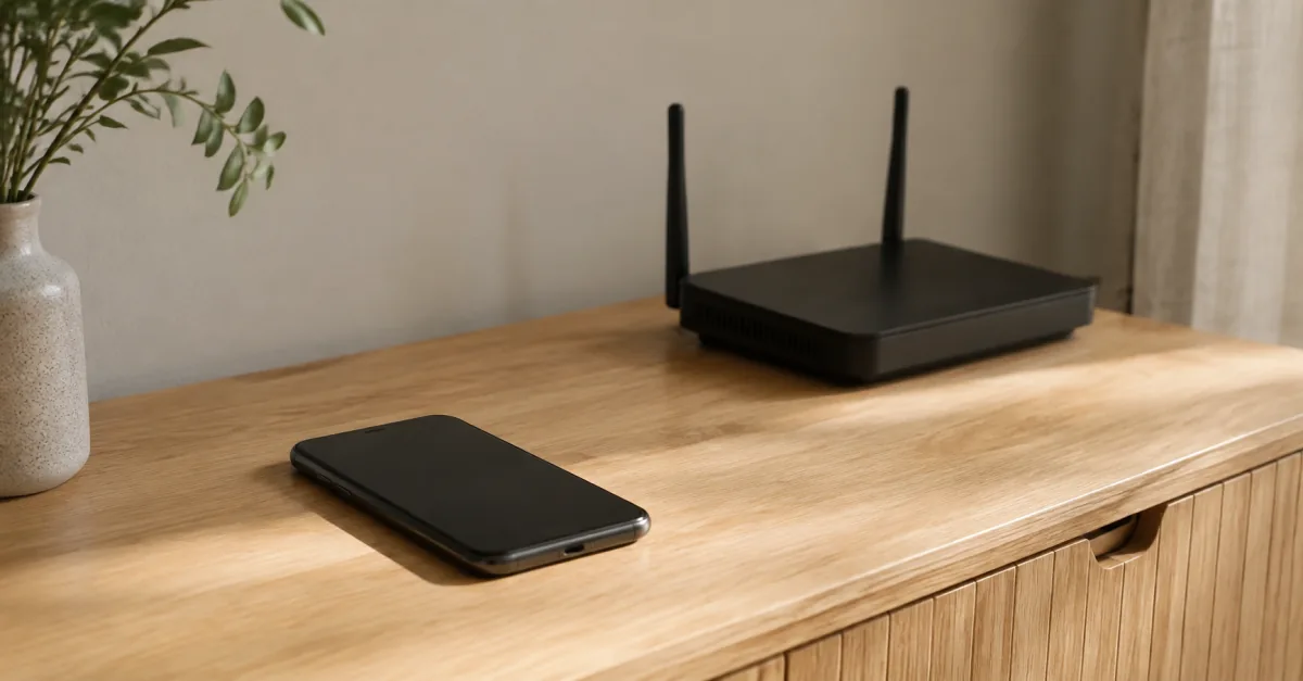 Phone beside a router for checking home network privacy settings