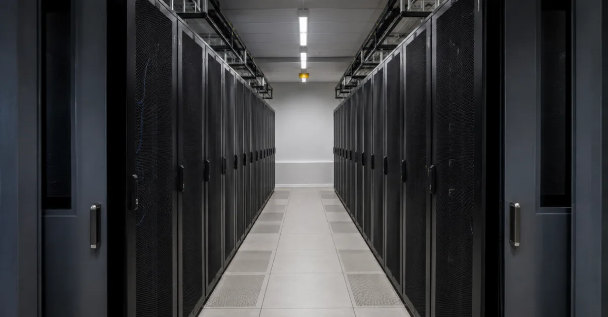 Server-room aisle illustrating internet relay infrastructure