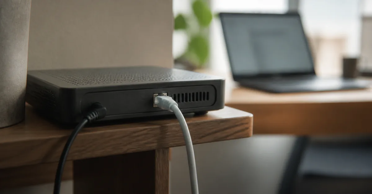 Network cable connected to a home router while checking basic internet access