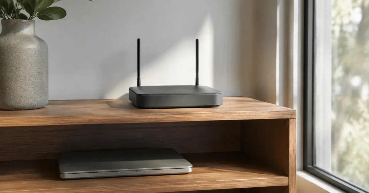 Router on an open shelf for consistent Wi-Fi test conditions